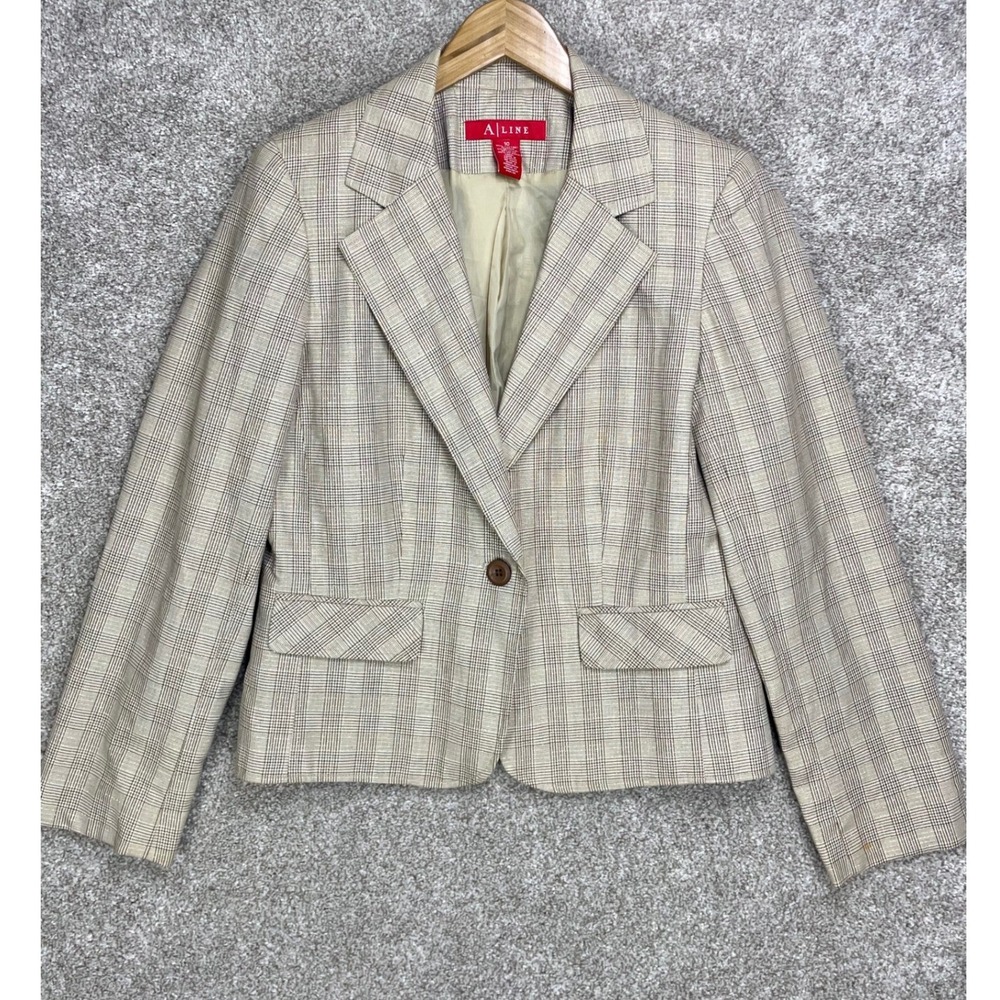 A Line Glen Plaid Metallic Single Button Blazer Women 10 Tan Brown Career Office